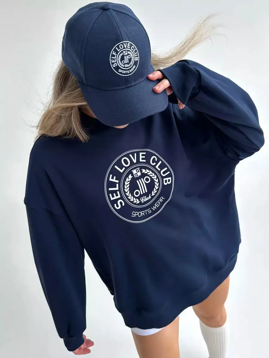 Bluza z nadrukiem Amerykański Klub Samopoczucia, okrągły dekolt, oversize, 6 kolorów, różowa, szara, dla par, moda uliczna, jesienna bluza