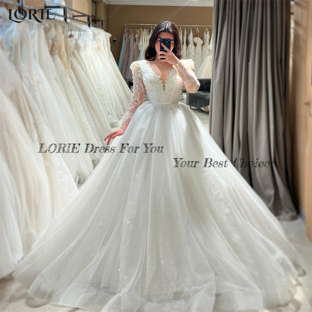 LORIE Vintage Glitter Lace Wedding Dresses Cap Sleeves A-Line Shiny Appliques V-Neck Bridal Gowns Princess Sparkly Bride Dress