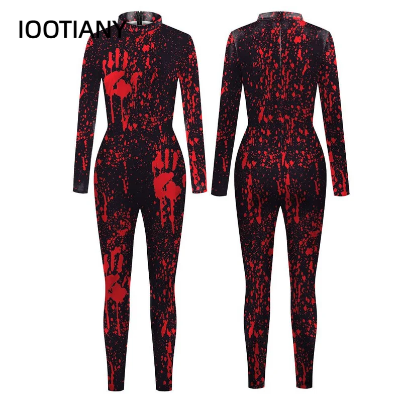 

IOOTIANY Blood Fingerprint 3D Print Sexy Bodysuits Women Long Sleeve Cosplay New Halloween Party Tight Jumpsuits