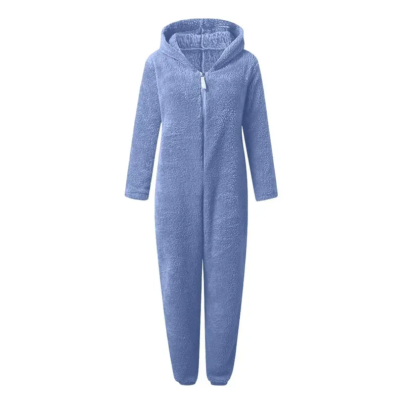 Fluffy Fleece Onesie side profile demonstrating relaxed crotch depth preventing ride-up during seated positions