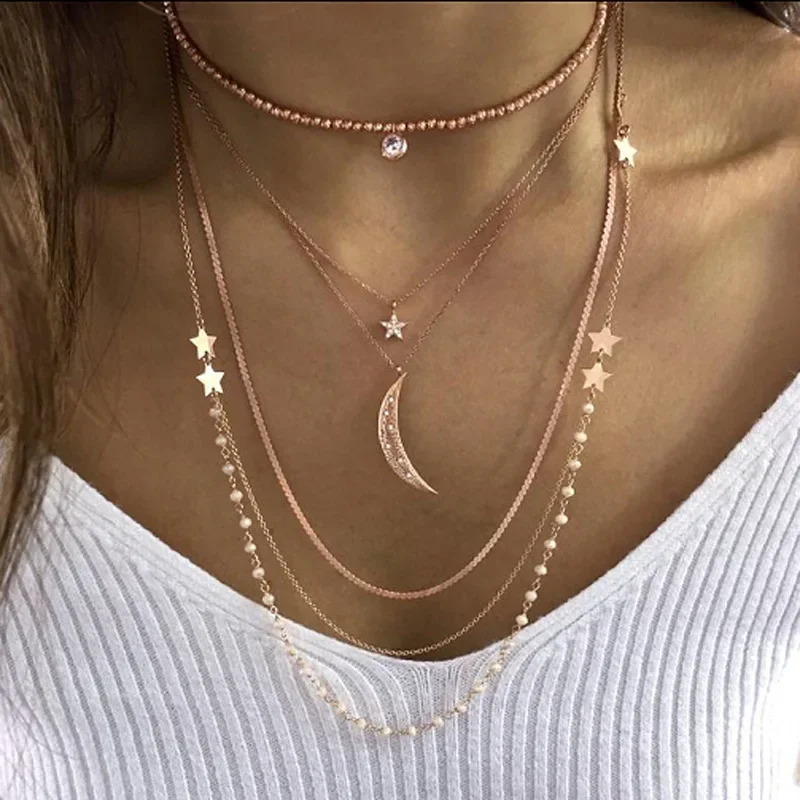 VIVILADY Trendy Vintage Alloy Butterfly Moon Angel Heart Cross Moon Chain Necklace Clavicle Chain For Women Luxury Jewelry Party