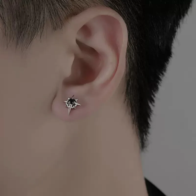 Black Zircon Star Earring Stud For Men Women Hip Hop Style Antique Silver Color Start Clear Crystal Couple Post Earrings