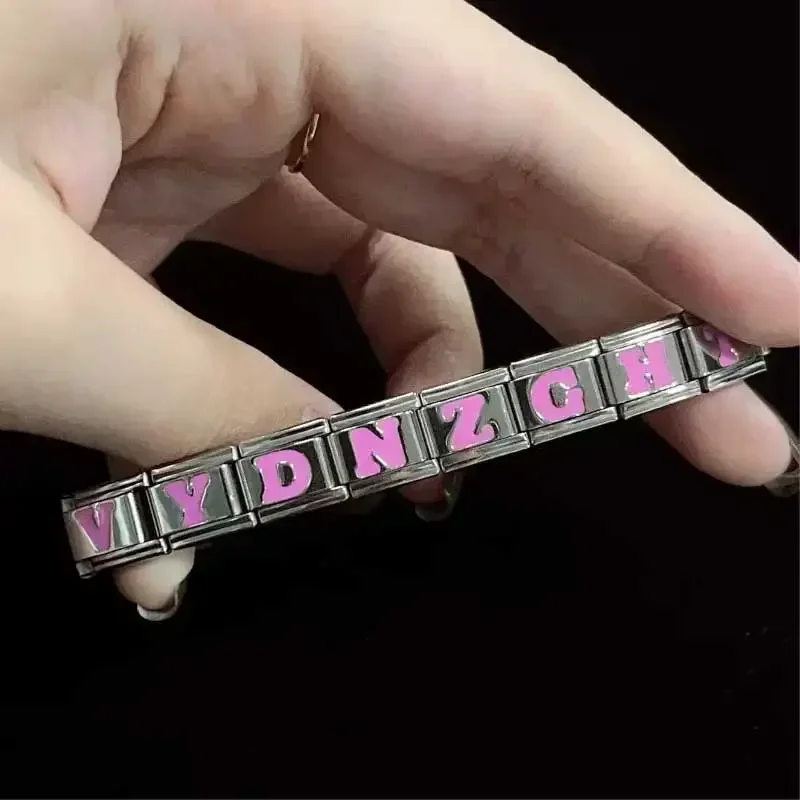 Charm Italian Stainless Steel Bracelet 9mm Module DIY Splicing Pink 26 English Letter Gift Chains Jewelry Making for Women Men