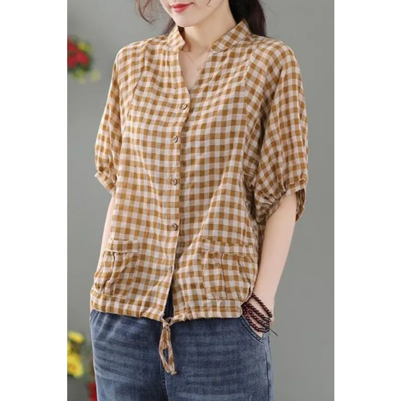 Retro xadrez impressão feminina 2025 fino elegante literário com decote em v manga média solta manga quarto botão topo