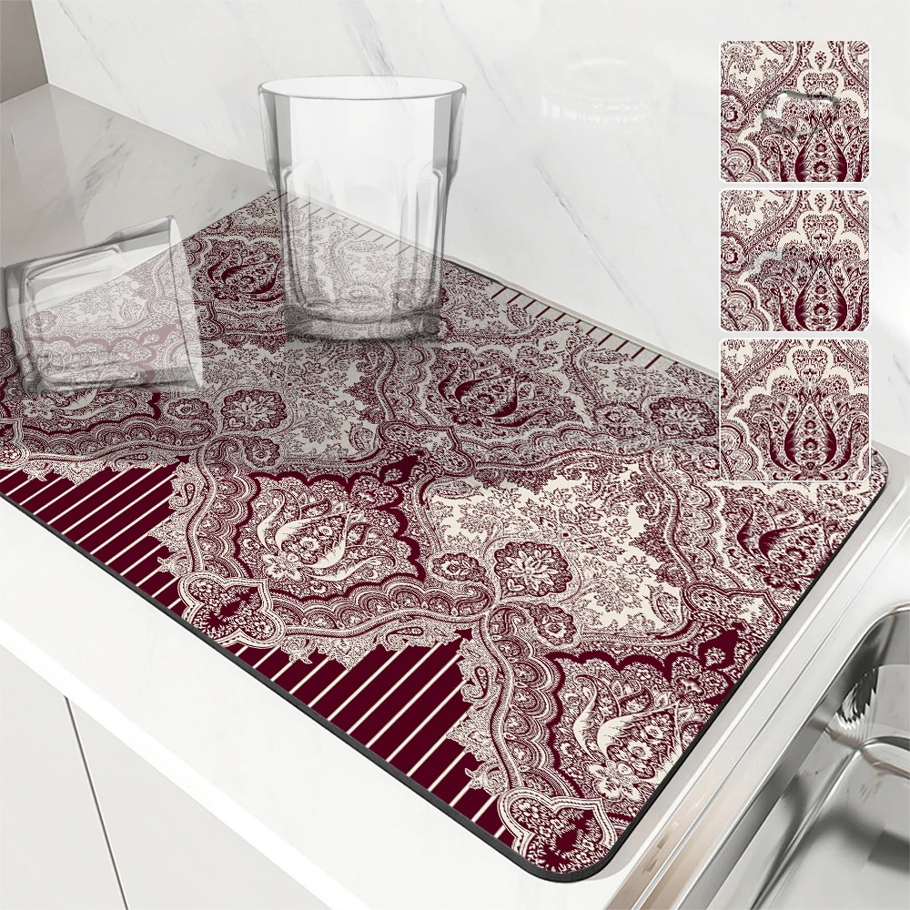 Antiskid Kitchen Absorbent Draining Mat Paisley Vine Flowers Super  Draining Coffee Dish Drying Mat Quick Dry Bathroom Drain Pad