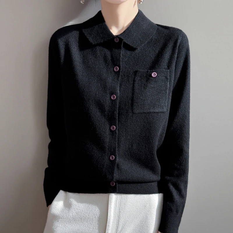 Spring 2025 New Polo Neck Cardigan Women\'s Pure Wool Sweater Jacket Fashion Solid Color Knitted Jacket Women\'s Clothes