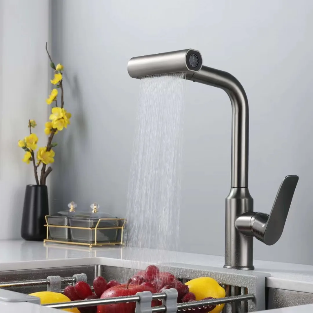 4 Mode Stainless Steel Chrome Plated Swivel Pullout Faucet Waterfall Kitchen Sink Faucet Hot and Cold Mixed Ceramic Chip