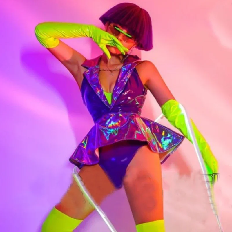 Bar Nightclub Dj Ds Gogo Costume Stage Outfit Sexy Purple Laser Dress Shorts Green Gloves Women Pole Dance Rave Clothes XS5317