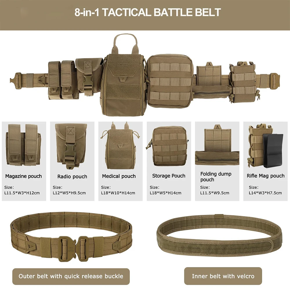 8-in-1 Tactical Battle Belt with Pouches Accessories, Hunting Combat Utility Molle Belts for Outdoor Patrol,Multifunctional Belt