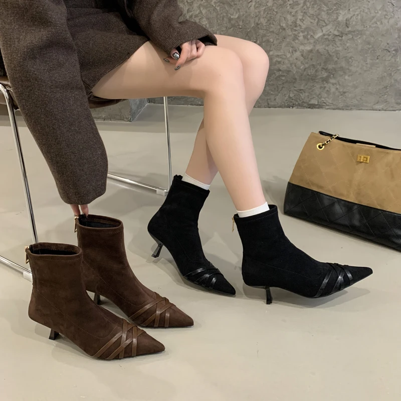 

Короткие ботинки из искусственной замши, женская обувь, винтажные туфли-лодочки на каблуке с острым носком, ботильоны на молнии, сексуальные современные ботинки с узкой лентой, черные, коричневые