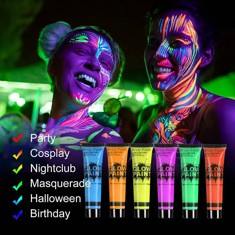 6/8/24pcs Body Art Paint Neon Fluorescent Party Festival Halloween Cosplay Makeup Party Tools Kids Face Paint UV Glow Painting