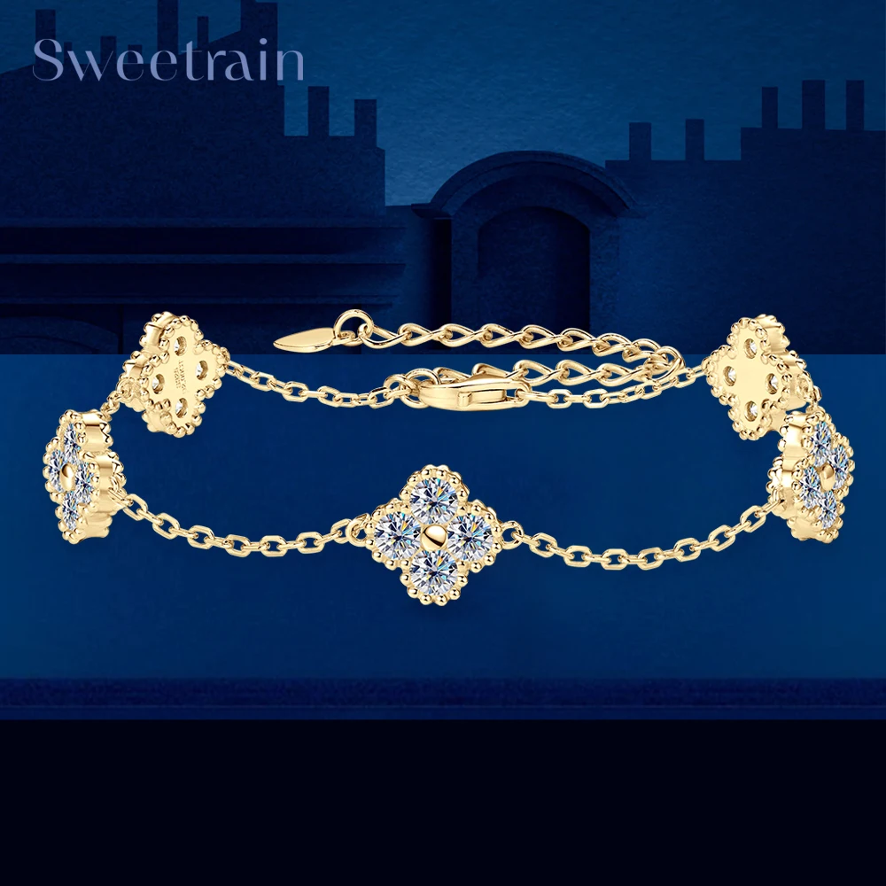 

Sweetrain 18k Gold Plated 3mm Moissanite Bracelet Adjustable 925 Silver Clover Flower Bracelet for Women Girls Birthday Gift GRA