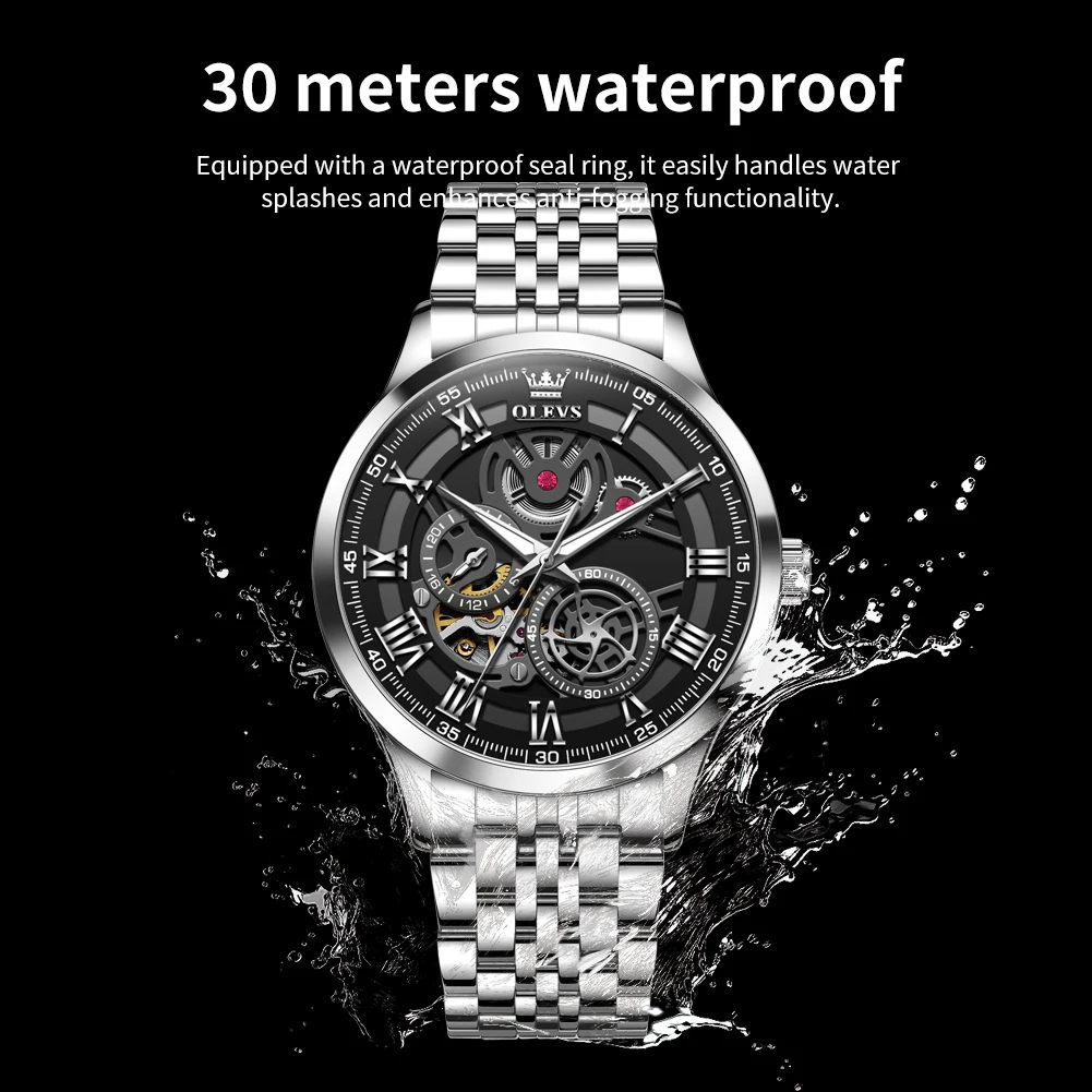 OLEVS 7076 Mens Watch Automatic Mechanical Watch Multifunctional Chronograph Watch For Men 30m Waterproof Luminouse Box Original