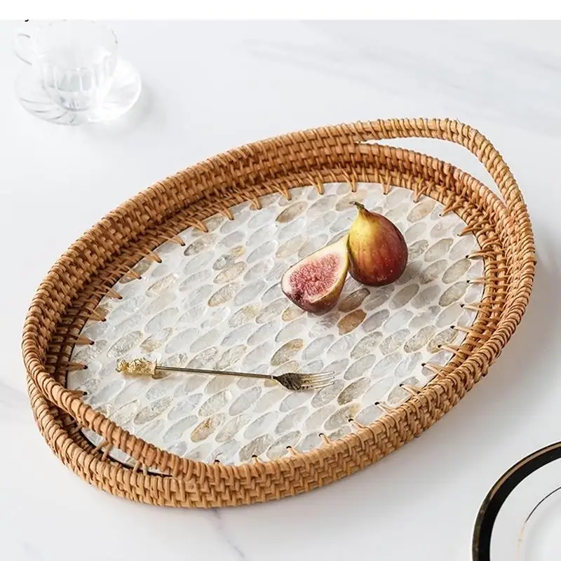 

Nordic Light Luxury Style Handmade Rattan Storage Tray Shell Binaural Bread Tray Creative Oval Fruit Basket Decoration Tray