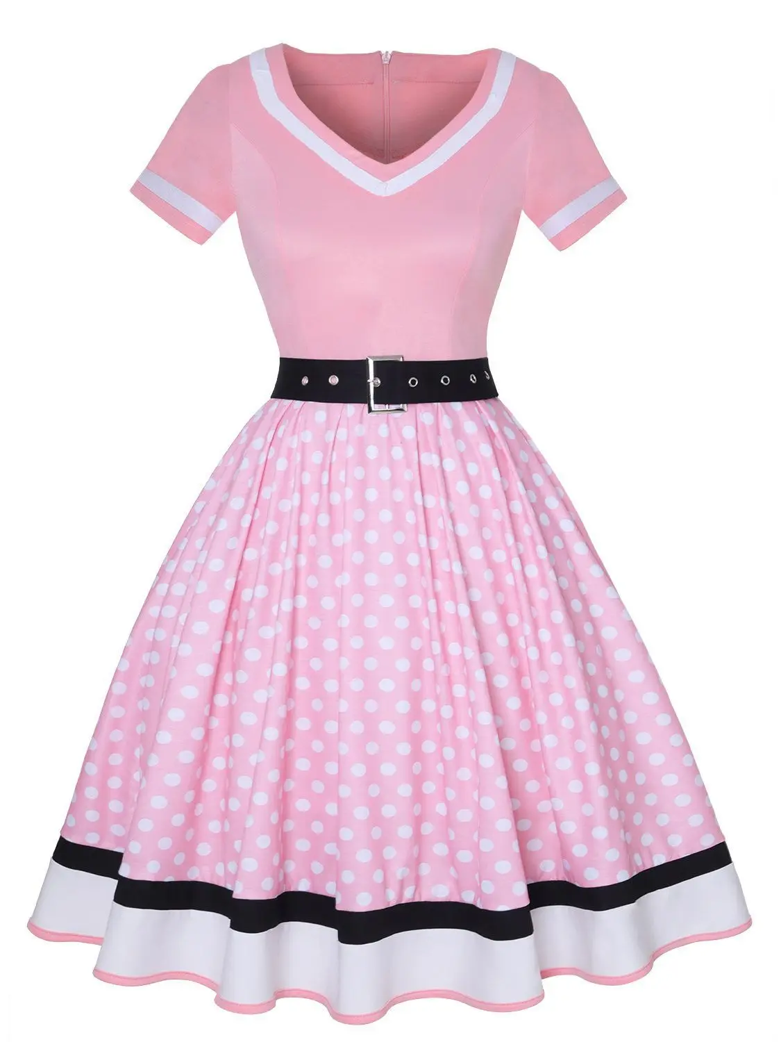 فستان أسود عتيق بأكمام قصيرة ورقبة على شكل حرف v مع حزام للنساء 50s فستان صيفي للحفلات منقط أزياء الهالوين