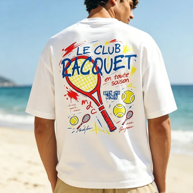 Vintage Double Sided Tennis Graphic T Shirt Men Loose Cotton Short Sleeve Tee Retro Racquet Print Casual Summer Streetwear Top