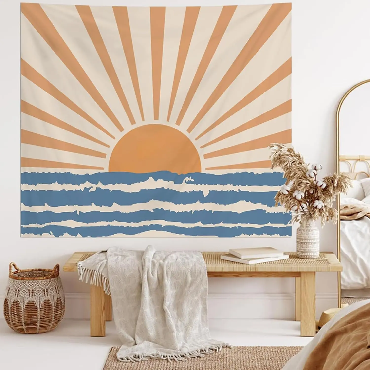 Retro Coastal Sunset Wall Tapestry Boho Beach Decor Ocean Waves Aesthetic Sunray Hanging Art for Bedroom Living Room