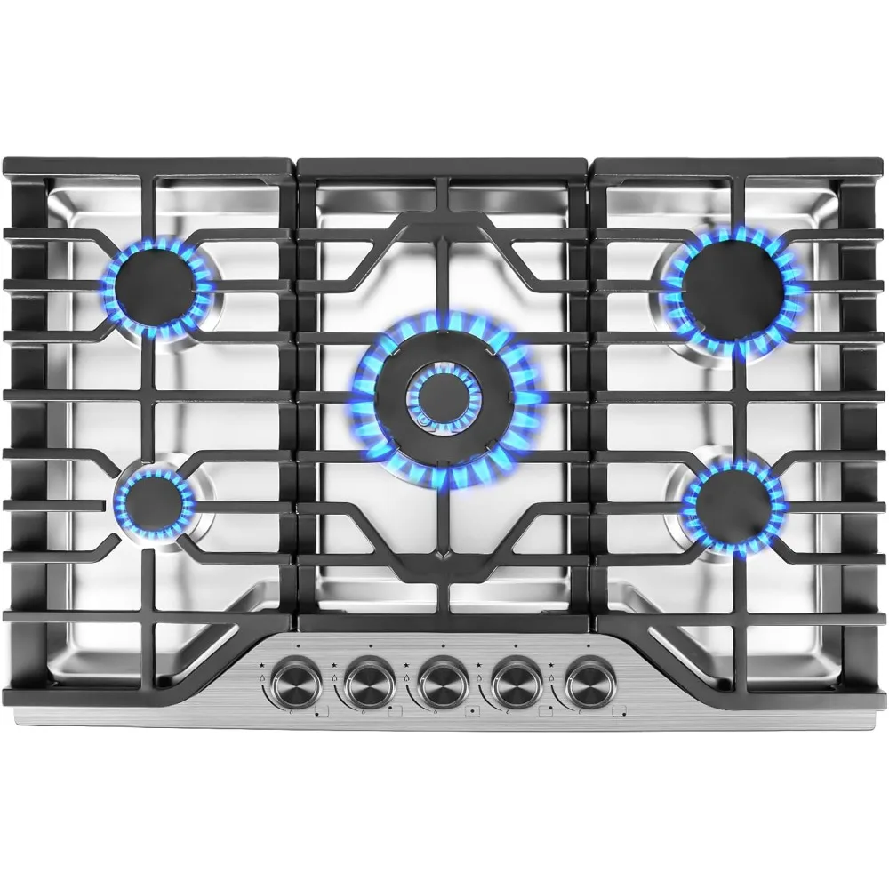 Gas Cooktop Stovetop with 5 Italy SABAF Burners 39400BTU, 0.6mm Stainless Steel,Heavy-Duty Cast Iron Grate