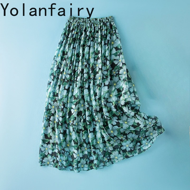 YOLANFAIRY 100% Real Mulberry Silk Skirts Woman Retro Forest Style Oil Painted Flower Skirt Women's Clothes Fashion A-line Skirt