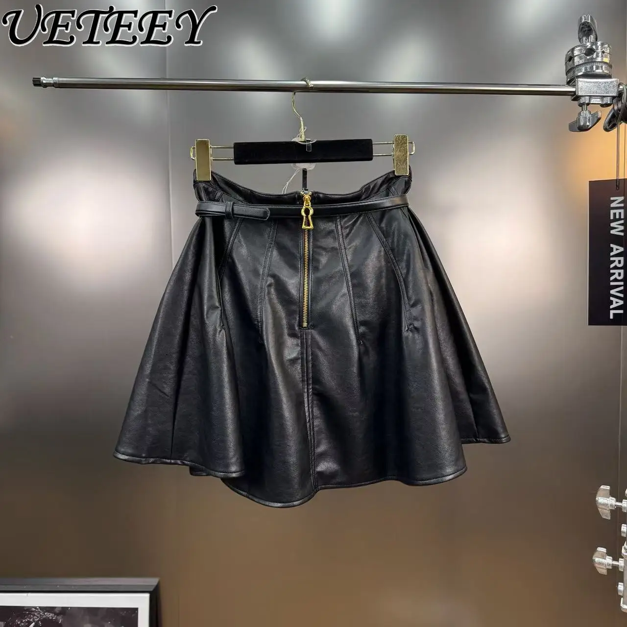 

Осень 2023, украшенный поясом в стиле пэчворк, однотонные пышные юбки-зонтики, женская элегантная юбка из искусственной кожи в стиле поездок на работу