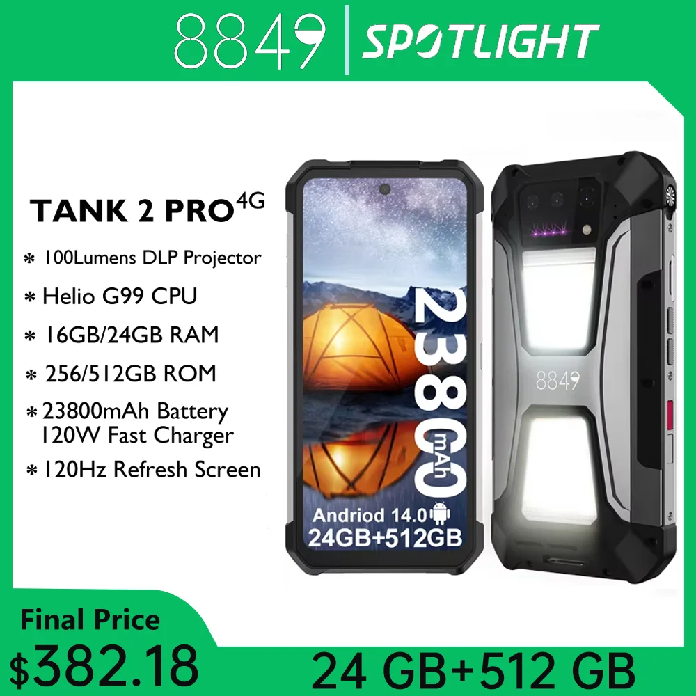 8849 Tank 2 PRO Unihertz Smartphone robusto 24GB 512GB 100MP Fotocamera posteriore 23800mAh 120W Android 14 Dual Sim NFC OTG Cellulare