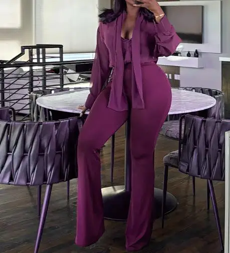 

Two Piece Set Women Outfit 2025 Spring Autumn V-Neck Mesh Perspective Long Sleeve Shirt Top & High Waist Casual Flared Pants Set
