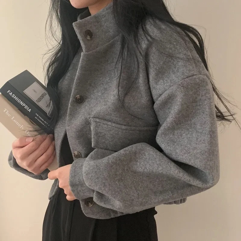 Mulheres vintage recortadas casacos sólido senhora do escritório botão gola streetwear jaqueta outono inverno solto casual imitação de lã topos