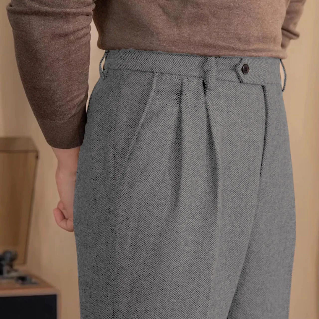 Italian Vintage Suit Pant For Men Autumn Winter Wool Herringbone Pattern Straight Trousers British Style Business Casual Pants