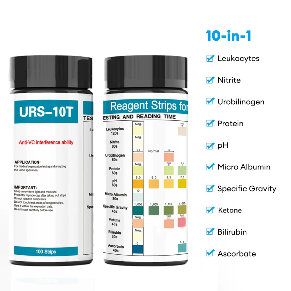 100pcs Plastic Bottle URS 10-In-1 Urine Test Strips Testing UTI Urinalysis Kit For Ketosis PH Protein Tools