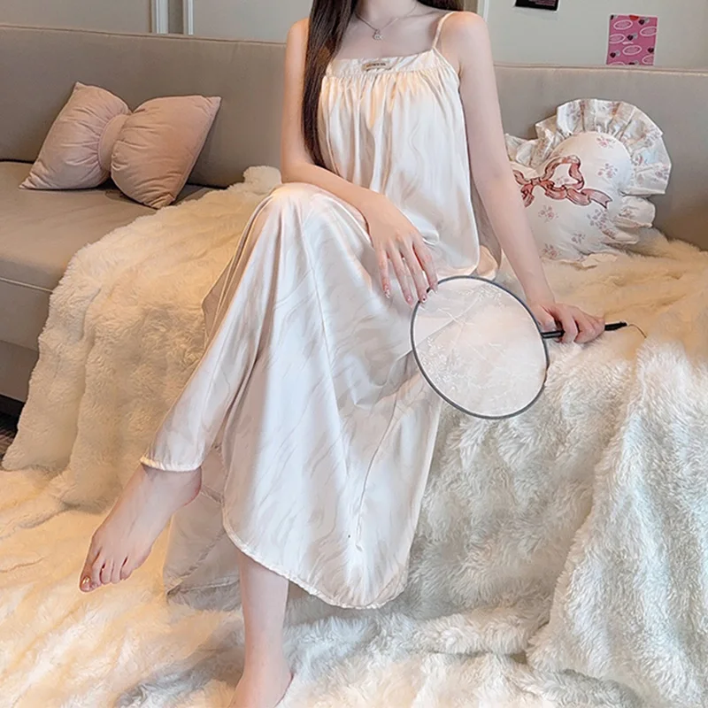 تنورة نوم على الطراز الفرنسي للنساء، سترة أنيقة، فستان طويل، بدون أكمام، حزام معلق، ملابس منزلية مريحة