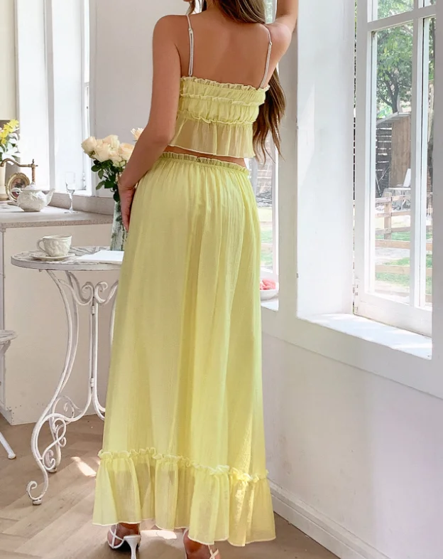 Set di abiti da vacanza francesi Set di gonne a trapezio a vita alta con colletto quadrato sul mare estivo con volant e papillon decorativo