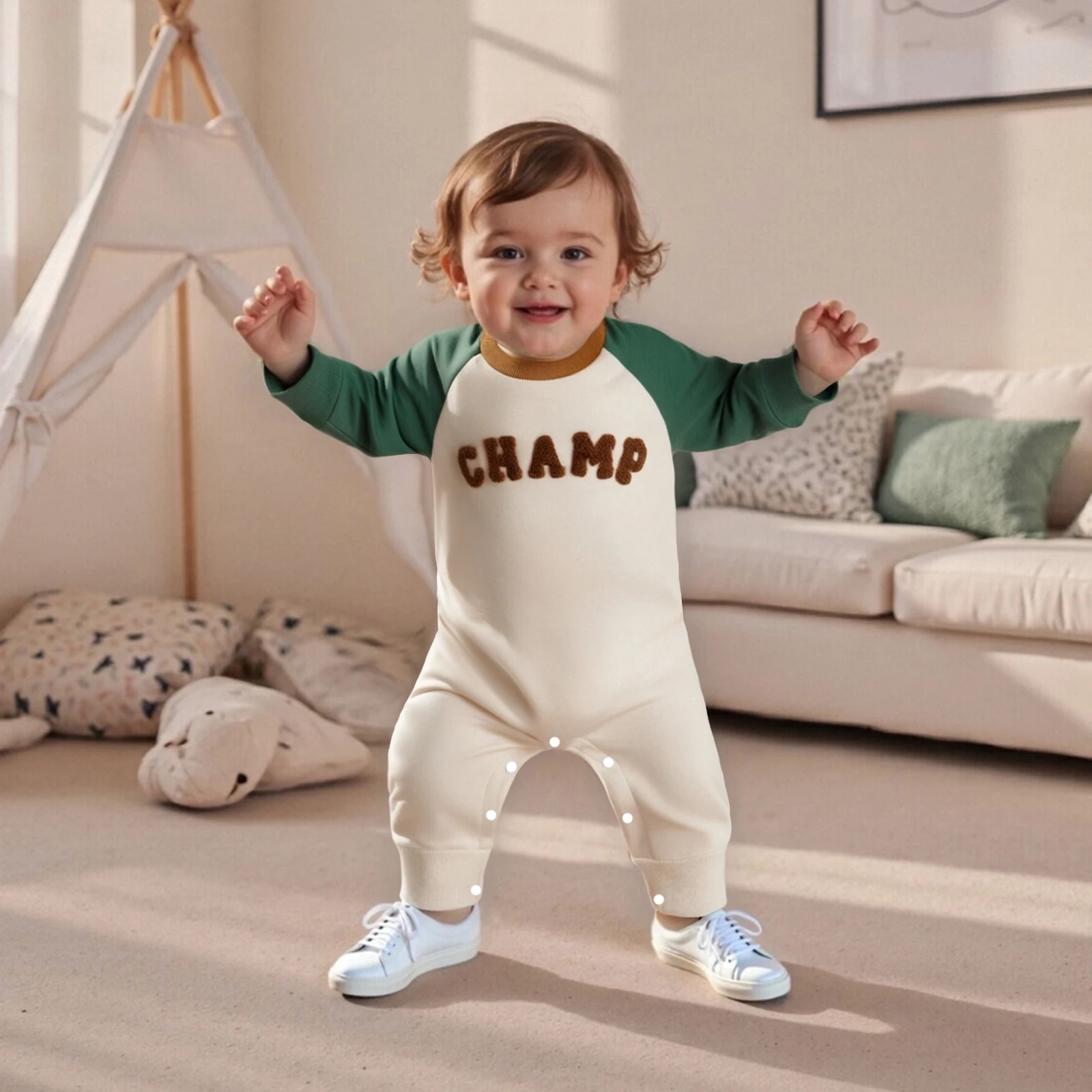 بدلة قفز خريفية للأطفال الأولاد بأكمام طويلة وياقة دائرية ومطرزة بألوان متباينة