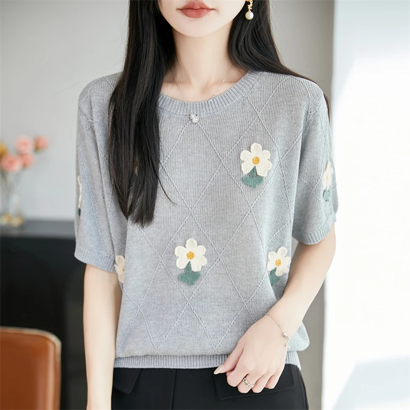 Summer women's short sleeved round neck knitted linen T-shirt embroidered jacquard women's pullover fashionable hot selling