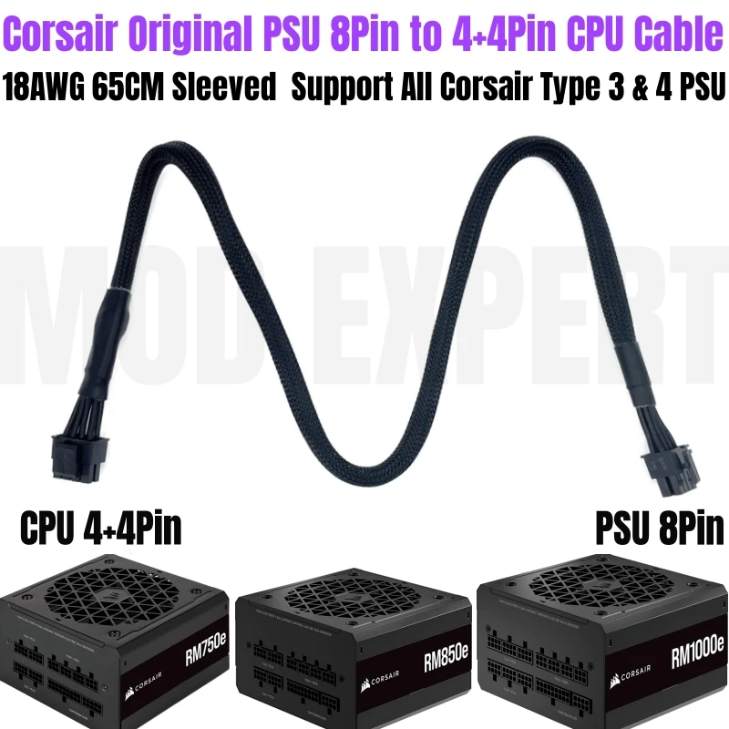 Original CORSAIR RM750e RM850e RM1000e CPU Power Cable 8Pin to 4+4Pin EPS12V Sleeved 65CM 18AWG for Corsair Type 4 Modular Power