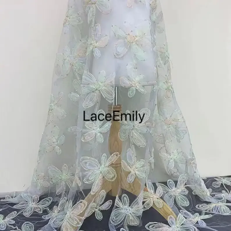 Fantasy gold thread embroidery flower Lace Fabric Light green Tulle Fabric For Bridal Dress Girl Dress Wedding   Party Dress