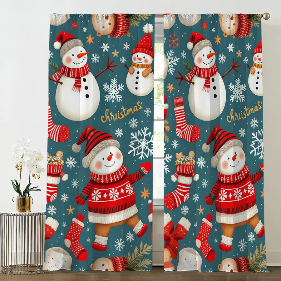 2PCS Digital Print Curtain, Snowmen with Christmas Stockings and Sweaters on Teal Background, Snowflakes, Cute, for Window Decor