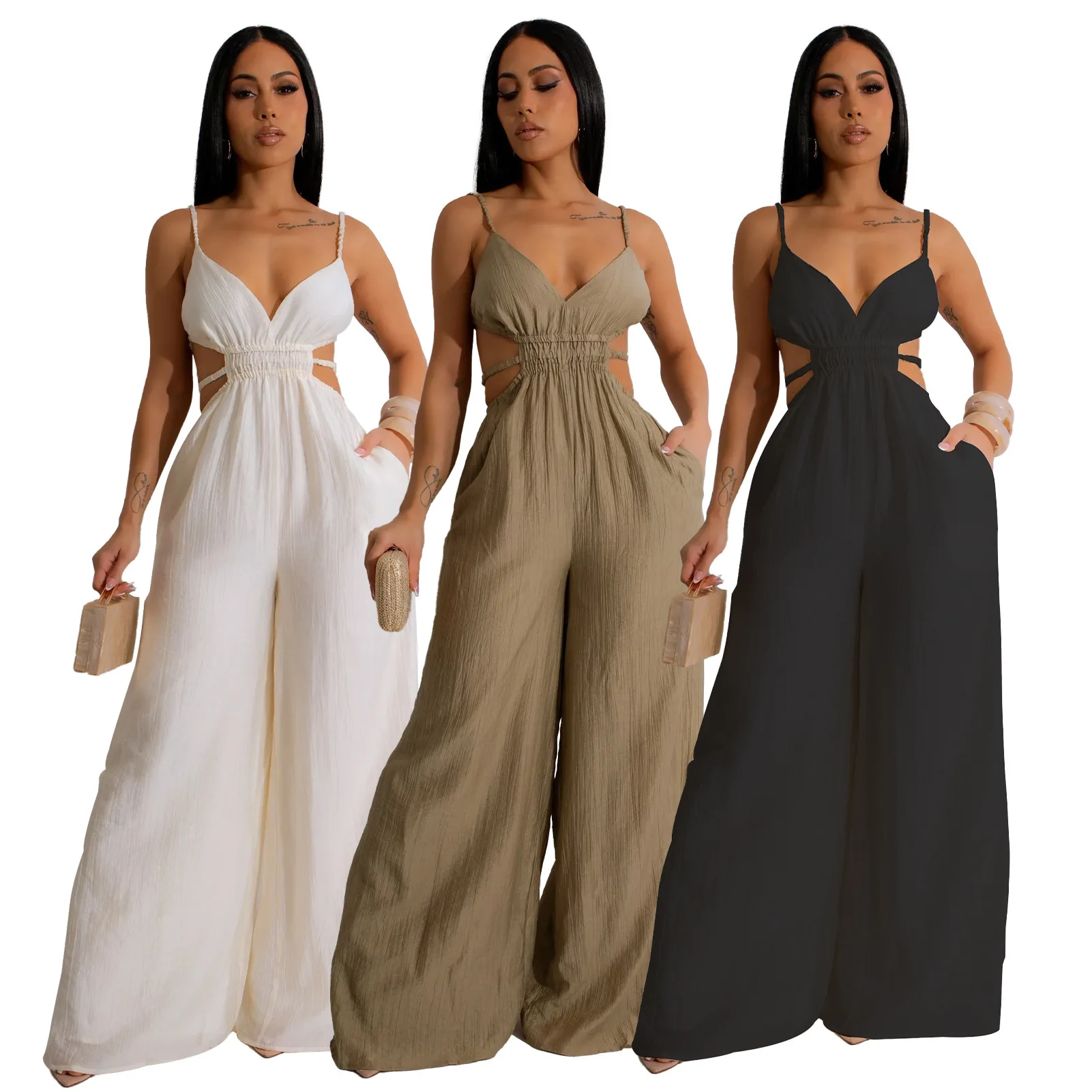 

2025 American European New Fashion Women's Casual Trendy Solid Color Sleeveless Wide Leg Suspender Jumpsuits Female Clothes