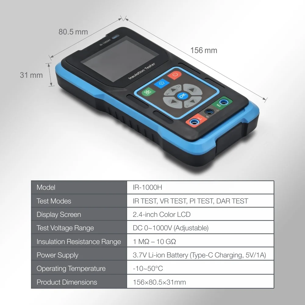 IR-1000H Insulation Resistance Tester 1000V 10G Ohm Color Screen PI DAR VR IR Digital Megohmmeter Multimeter