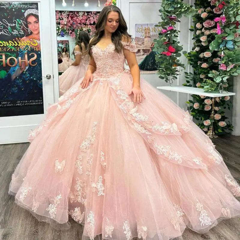 

Princess Sweetheart Quinceanera Dress for Teen Lace Appliques Off the Shoulder with Beads Formal Party Personalised