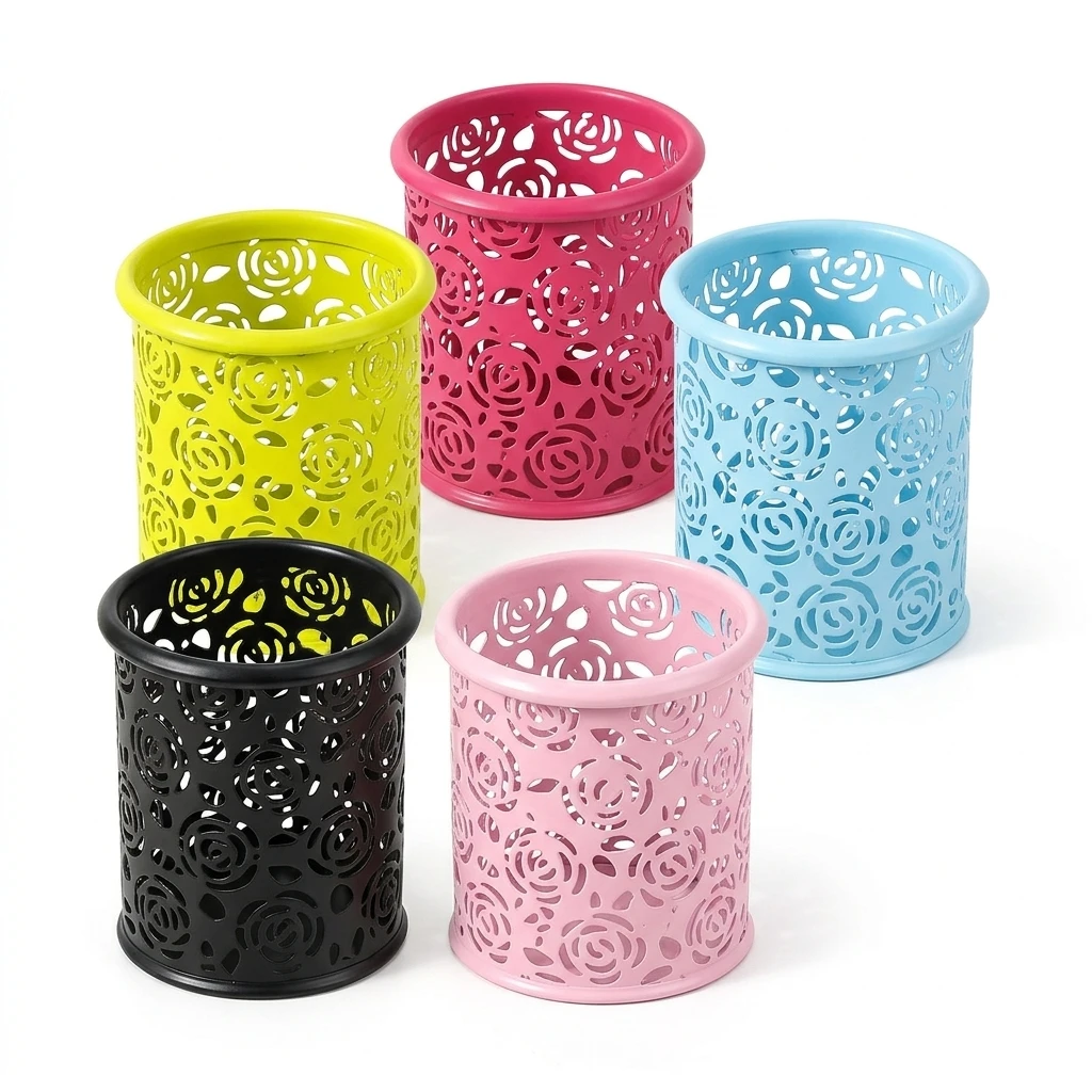 Creative Hollow Rose Pattern Pen Pot Holder,Fashion Desktop Cup Makeup Brush Container,Metal Mesh Pencil Holder For Office Home