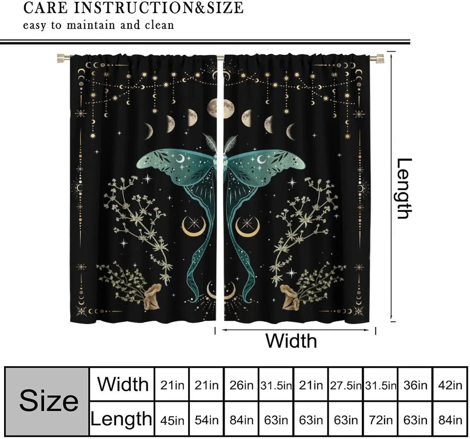Beautiful Moth Curtain, Moon Phase Plant Mushroom Butterfly Gothic Witchy Celestial Boho Aesthetic Window Curtains