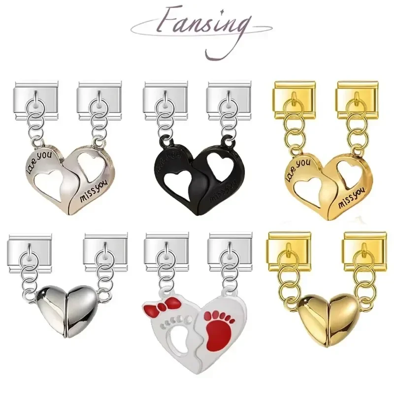 2025 Romantic love puzzle Heart couple Italian Charm Links 9mm Bracelet modular Stainless steel DIY Jewelry gift