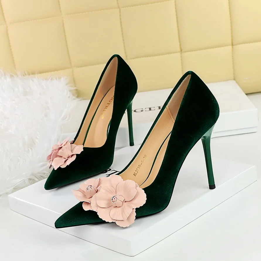 

New Style Banquet High-heeled With Thin Heels West Suede Light Mouthed Pointed Color Blocked Flower Single Shoes For Women Pumps