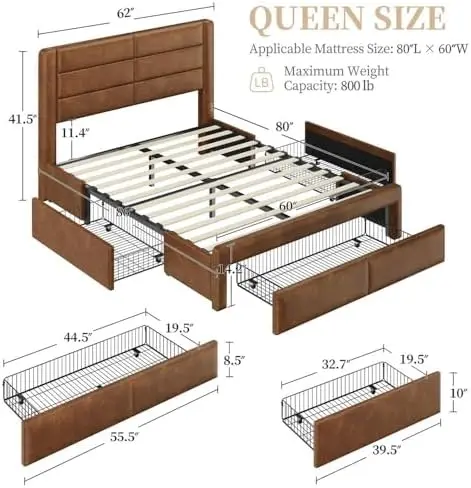 Queen Upholstered Bed Frame with Storage & Charging, Amber Brown | Steel frame with PU leather upholstery features 3