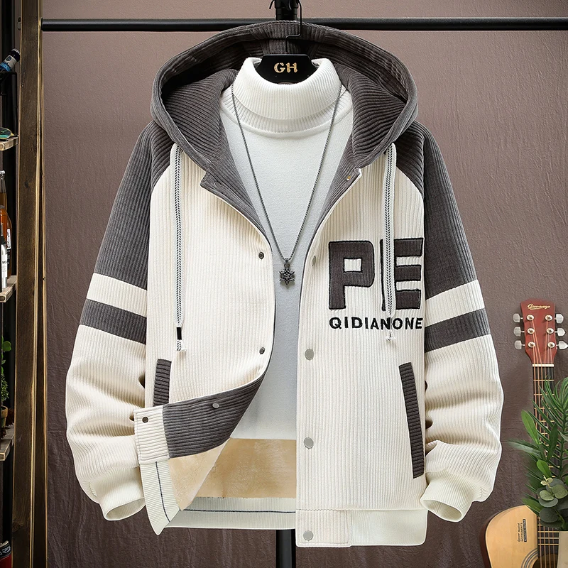 

Мужская вельветовая куртка на осень-зиму, утепленная флисом, с капюшоном, на молнии, теплая хлопковая одежда, молодежная модная трендовая модель