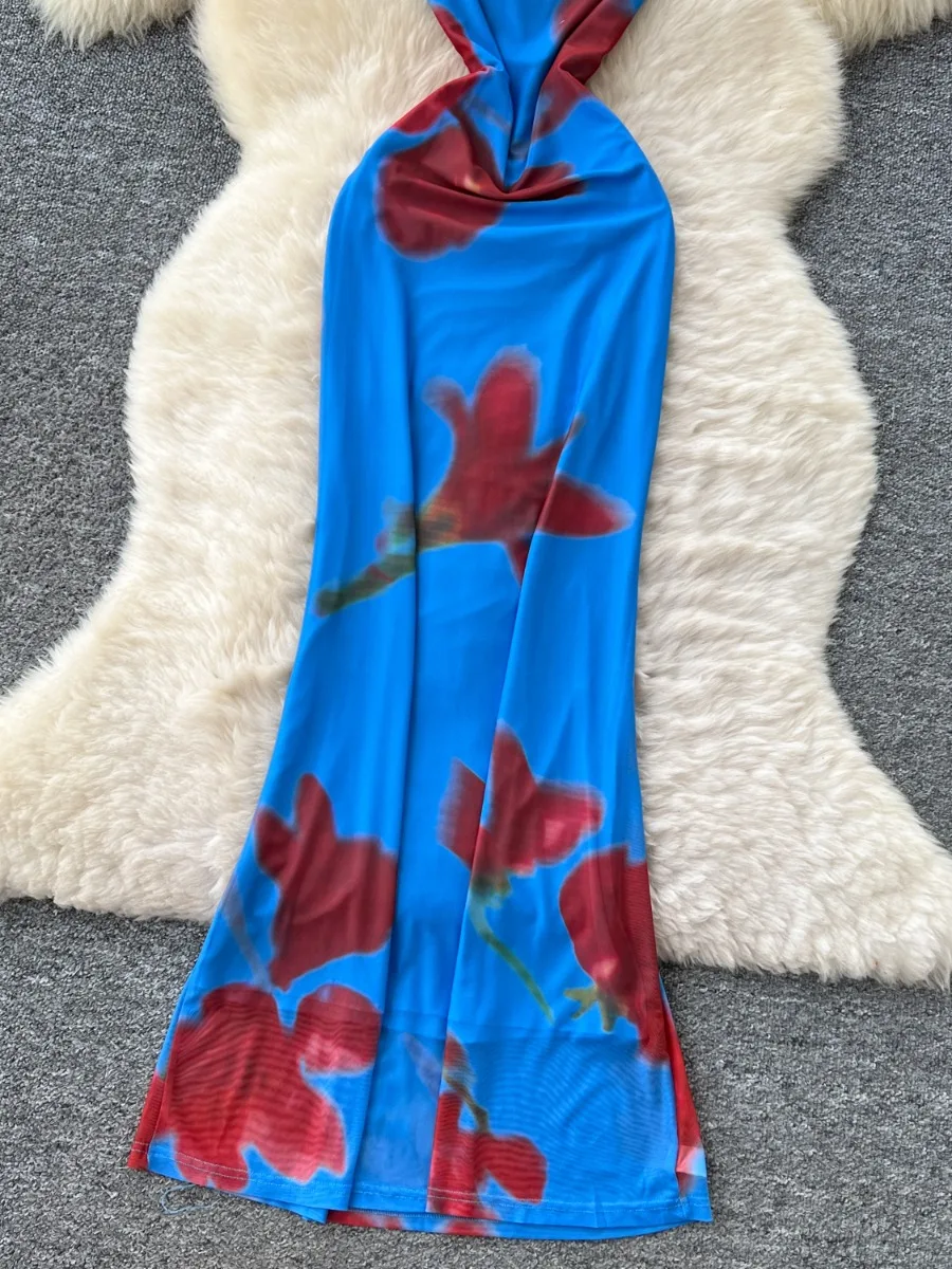 Foamlina عطلة الزي عارية الذراعين فستان بكتافة 2025 صيف جديد فرنسي مثير سليم صالح الرسن طباعة شبكة فساتين عطلة طويلة