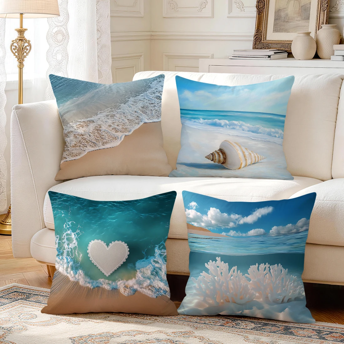 

1pcs/4pcs Beach Vacation Art Style Cushions Pillowcase Polyester Cushion Cover Throw Pillow Pillowcover Home Car Sofa Decor