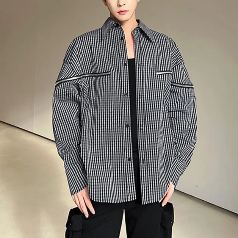 

Men Plaid Shirt Zipper Patchwork Lapel Long Sleeve Button Loose Casual Men Clothing Streetwear Stylish Leisure Camisas