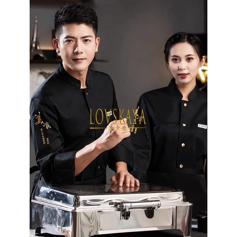 Hotel restaurant kitchen catering chef clothing high-end polyester cotton breathable chef work clothes long sleeved men