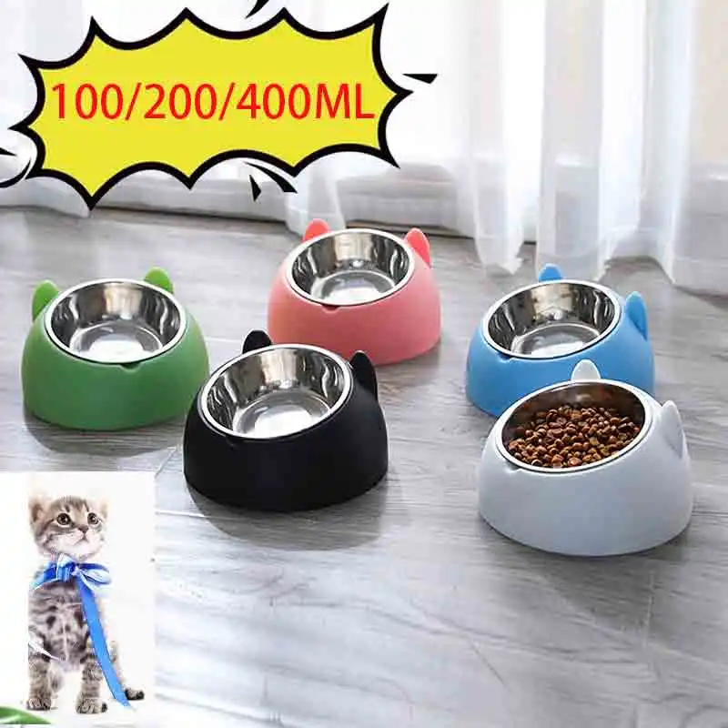 Stainless Cat Bowls Non-slip Base Pets Puppy Cats Food Drink Water Feeder Neck Protection Dish Pet Bowl 200ml 15 Degrees Tilted